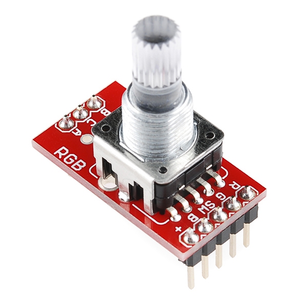 An Rotary Encoder - Illuminated (RGB) soldered into the SparkFun Rotary Encoder Breakout.