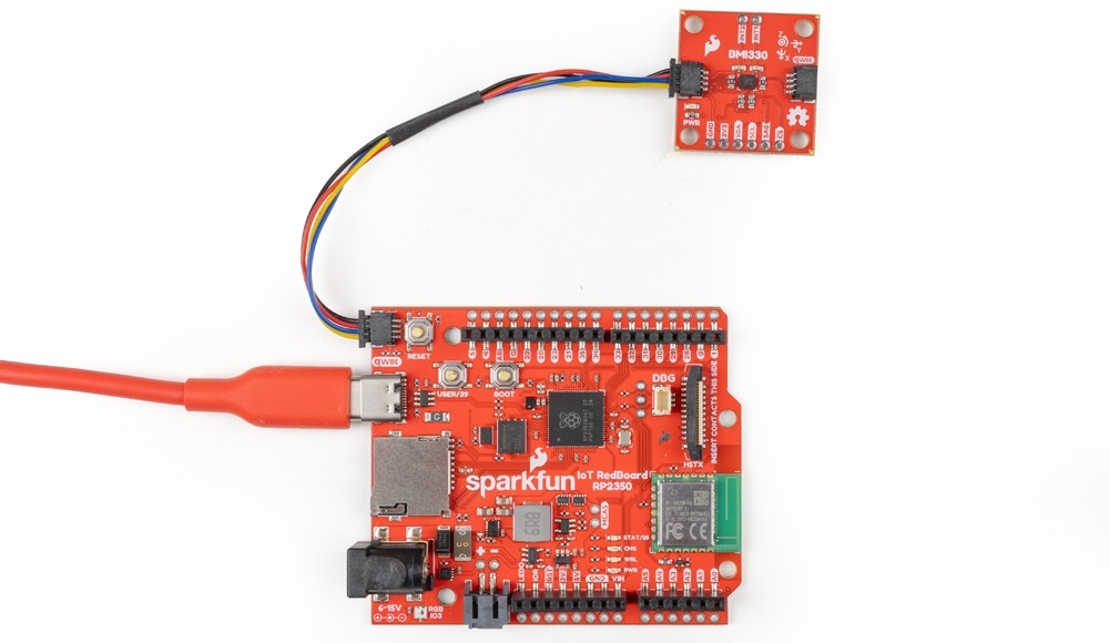 A SparkFun 6DoF IMU Breakout - BMI330 (Qwiic) connected to an RP2350 IoT RedBoard