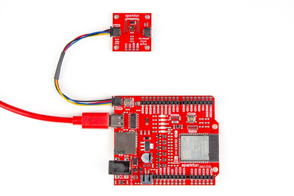 And STC31 Qwiic CO2 Sensor connected to a SparkFun ESP32-WROOM IoT RedBoard.