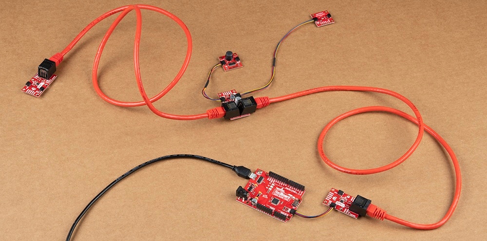 A full QwiicBus project connected and collecting data via I2C over longer distances.
