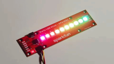 A SparkFun Qwiic LED Stick cycling through the colors of its addressable LEDs.