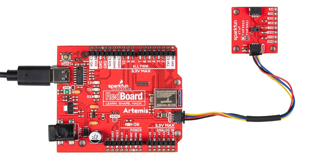 A SparkFun Qwiic dToF Imager - TMF8820 ready to deliver distance measurement data to a RedBoard Artemis.