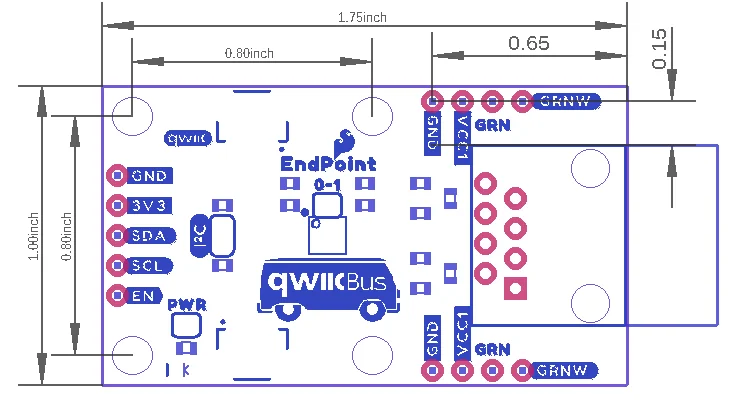 Dimensions of the QwiicBus EndPoint board.
